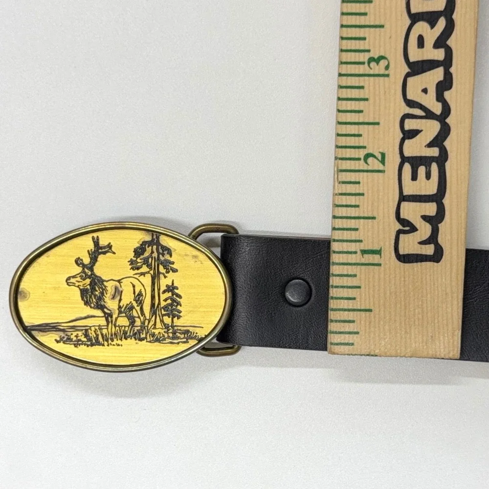 Vtg Oden Inc Solid Brass Elk Buckle Black Leather Belt Mens 36-40 Made in USA